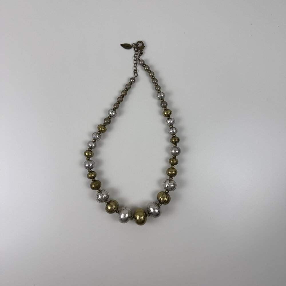 Chunky Beaded Necklace Silver Gold Two Toned Graduated Mixed Metals 20in